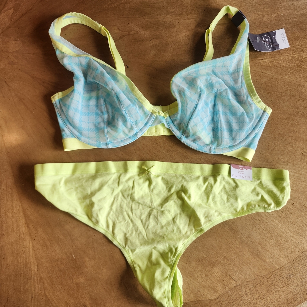 Cacique Aqua Plunge Apex Bra 38ddd And Thong Panty Set 18/20 Lingerie Set